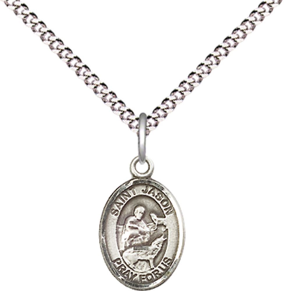 Sterling Silver Saint Jason Pendant on a 18 inch Light Rhodium Light Curb chain