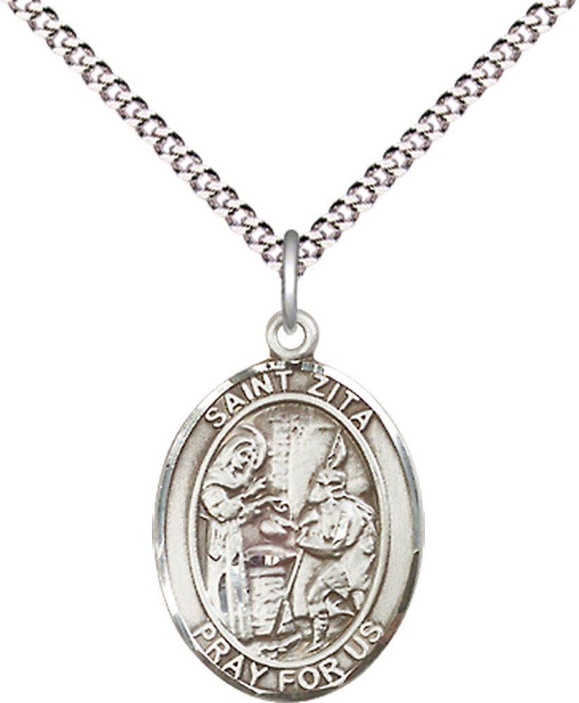 Sterling Silver Saint Zita Pendant on a 18 inch Light Rhodium Light Curb chain