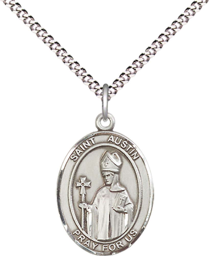 Sterling Silver Saint Austin Pendant on a 18 inch Light Rhodium Light Curb chain