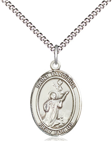 Sterling Silver Saint Tarcisius Pendant on a 18 inch Light Rhodium Light Curb chain