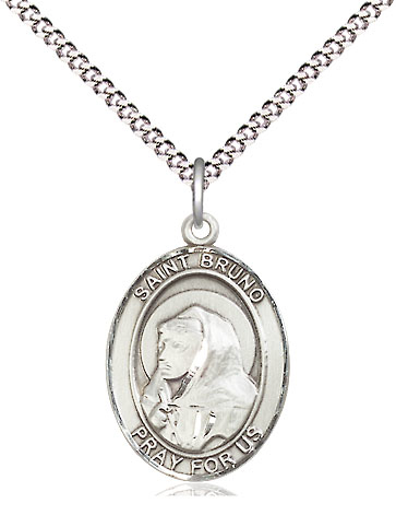 Sterling Silver Saint Bruno Pendant on a 18 inch Light Rhodium Light Curb chain