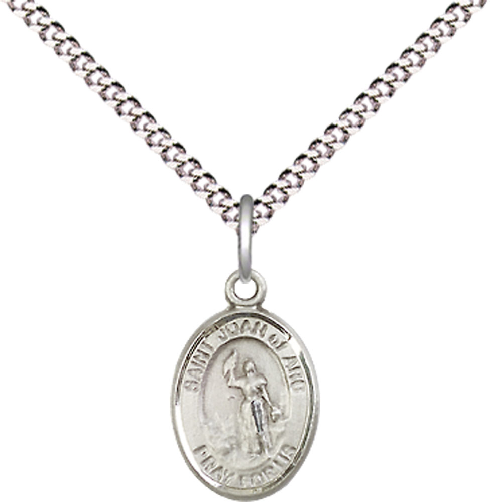 Sterling Silver Saint Joan of Arc Pendant on a 18 inch Light Rhodium Light Curb chain