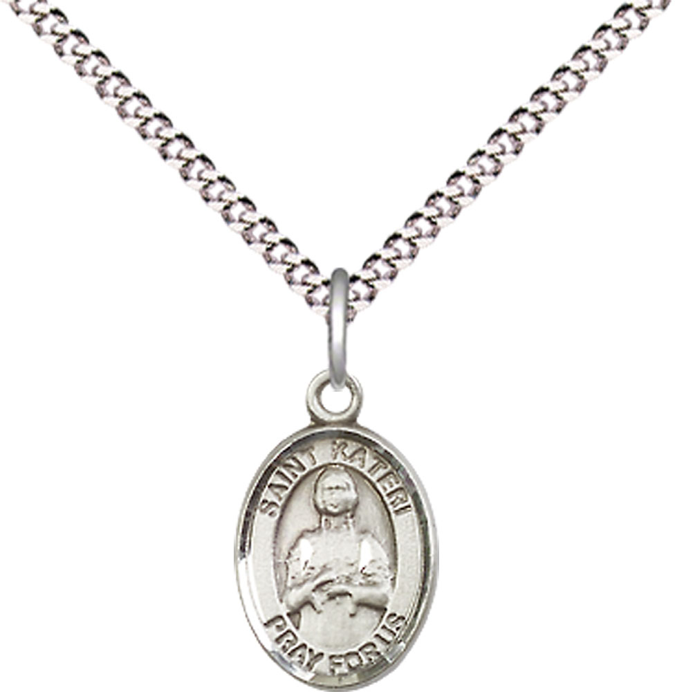 Sterling Silver Saint Kateri Pendant on a 18 inch Light Rhodium Light Curb chain