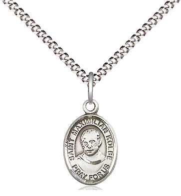 Sterling Silver Saint Maximilian Kolbe Pendant on a 18 inch Light Rhodium Light Curb chain