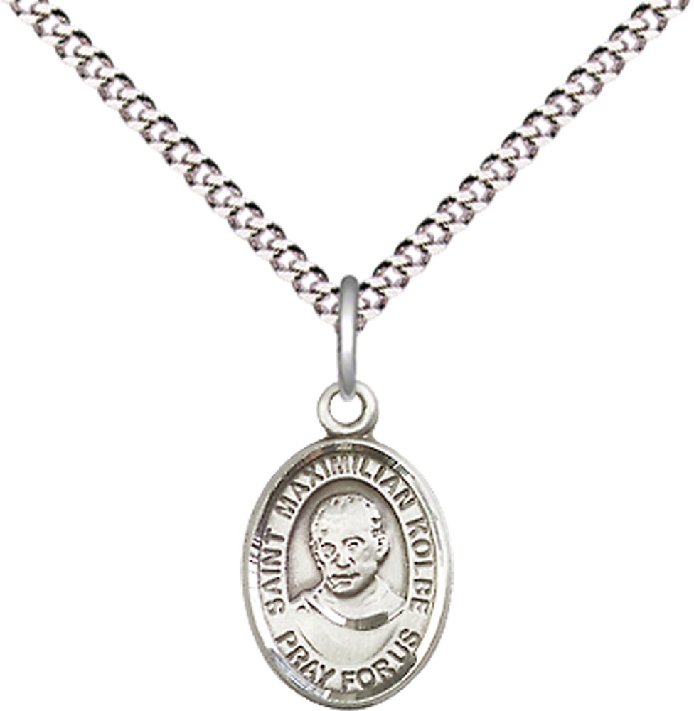 Sterling Silver Saint Maximilian Kolbe Pendant on a 18 inch Light Rhodium Light Curb chain