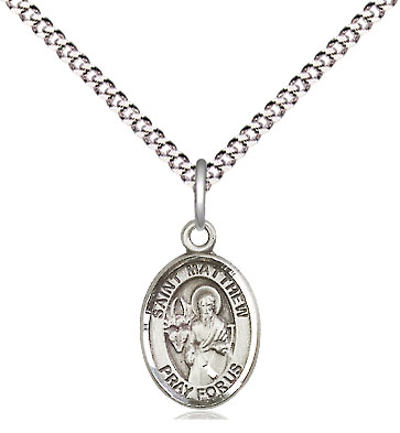 Sterling Silver Saint Matthew the Apostle Pendant on a 18 inch Light Rhodium Light Curb chain