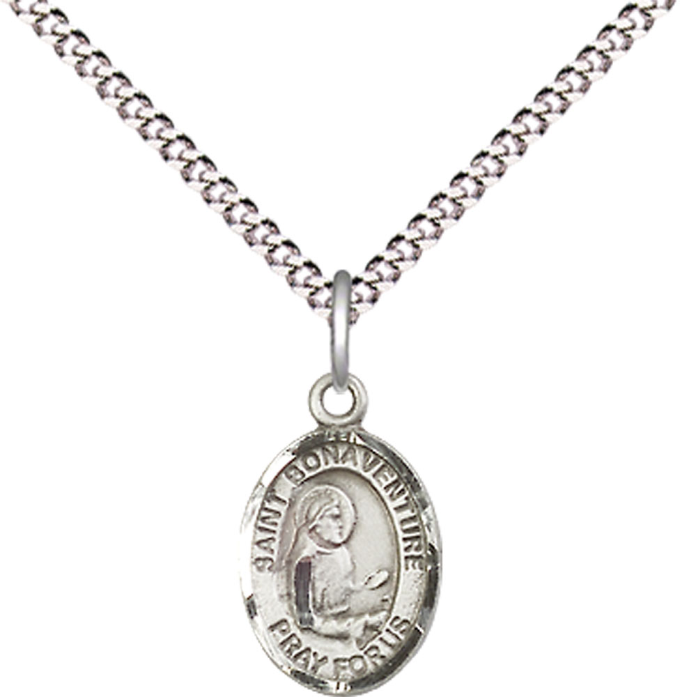 Sterling Silver Saint Bonaventure Pendant on a 18 inch Light Rhodium Light Curb chain