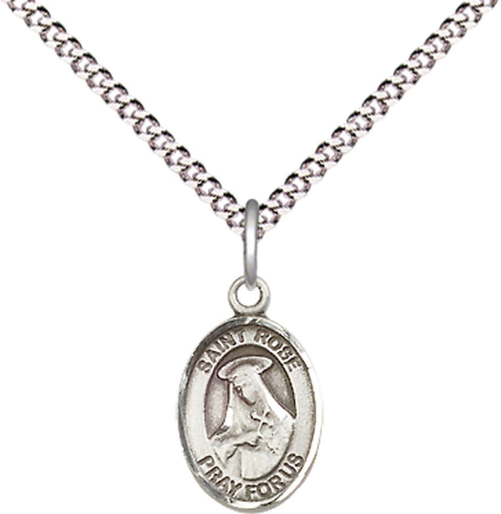 Sterling Silver Saint Rose of Lima Pendant on a 18 inch Light Rhodium Light Curb chain