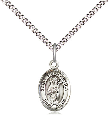 Sterling Silver Saint Scholastica Pendant on a 18 inch Light Rhodium Light Curb chain