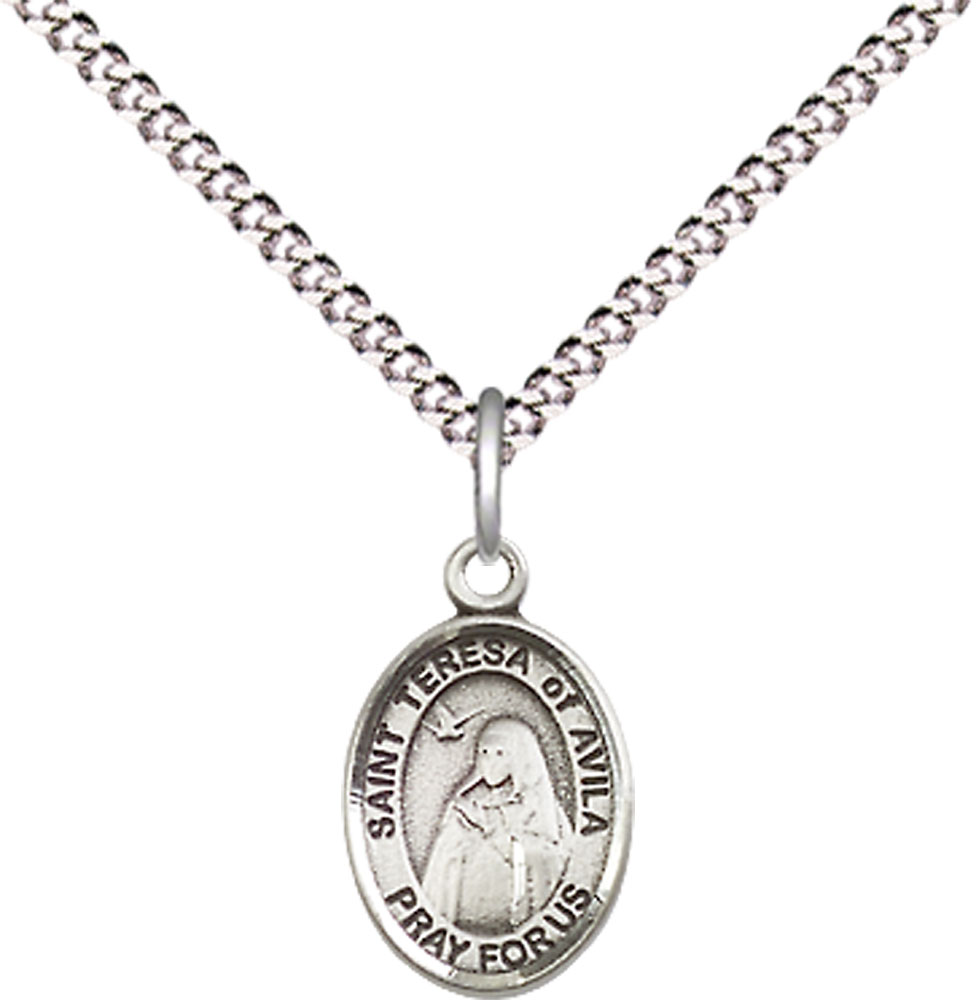 Sterling Silver Saint Teresa of Avila Pendant on a 18 inch Light Rhodium Light Curb chain