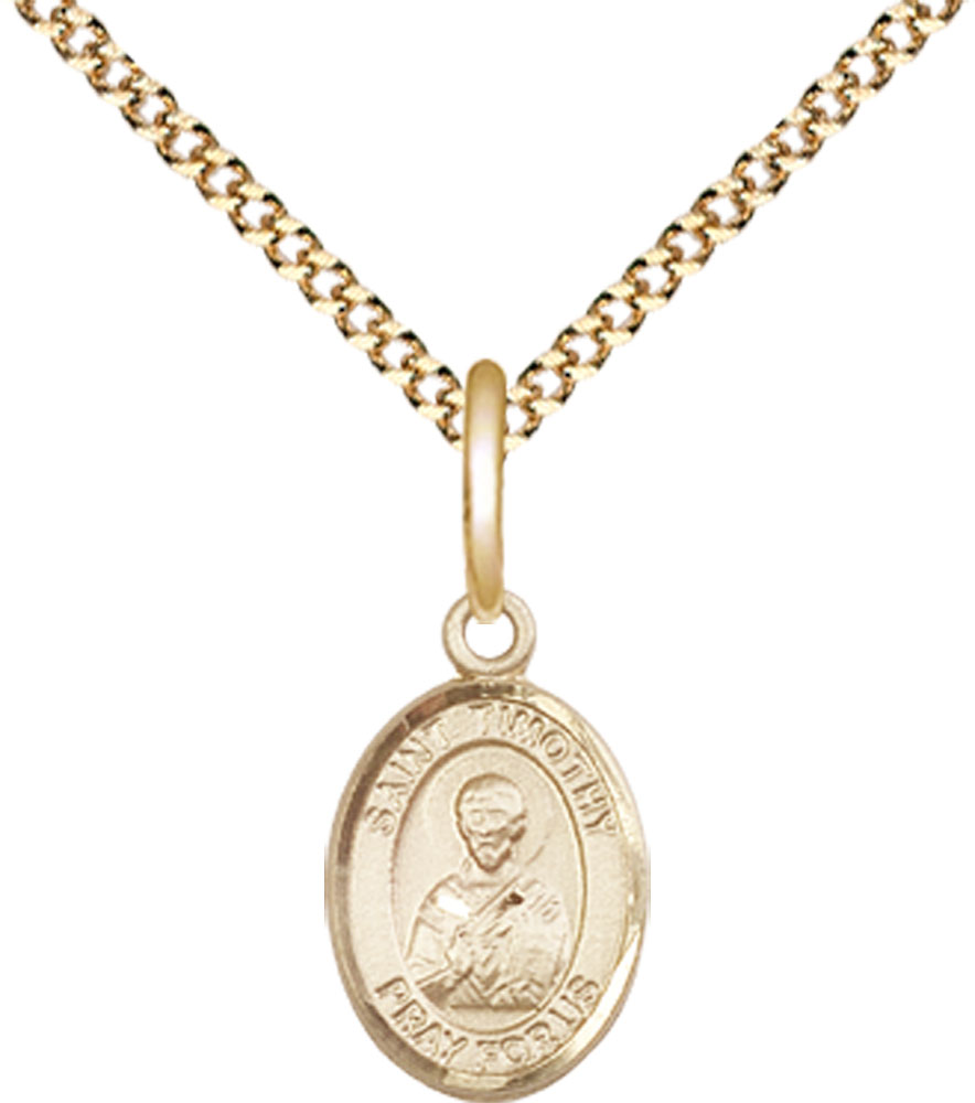 14kt Gold Filled Saint Timothy Pendant on a 18 inch Gold Plate Light Curb chain