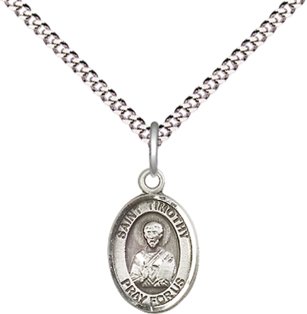 Sterling Silver Saint Timothy Pendant on a 18 inch Light Rhodium Light Curb chain