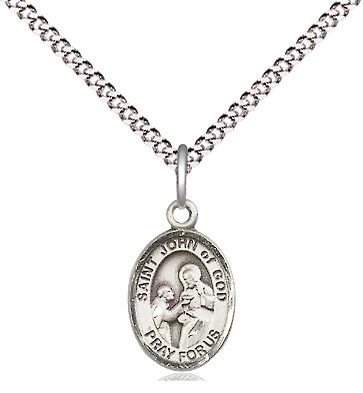 Sterling Silver Saint John of God Pendant on a 18 inch Light Rhodium Light Curb chain