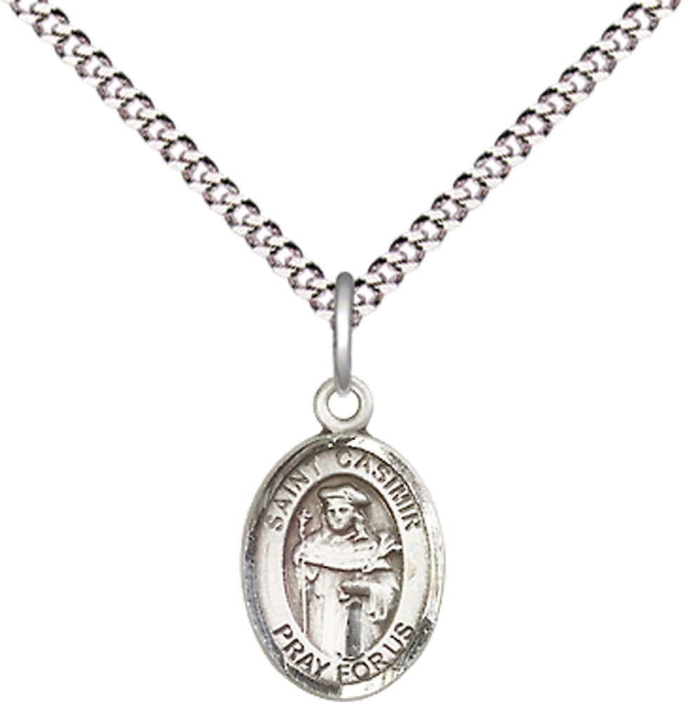 Sterling Silver Saint Casimir of Poland Pendant on a 18 inch Light Rhodium Light Curb chain