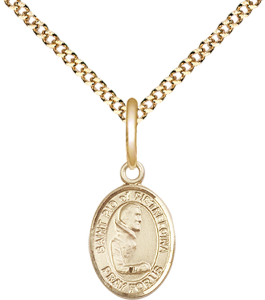 14kt Gold Filled Saint Pio of Pietrelcina Pendant on a 18 inch Gold Plate Light Curb chain