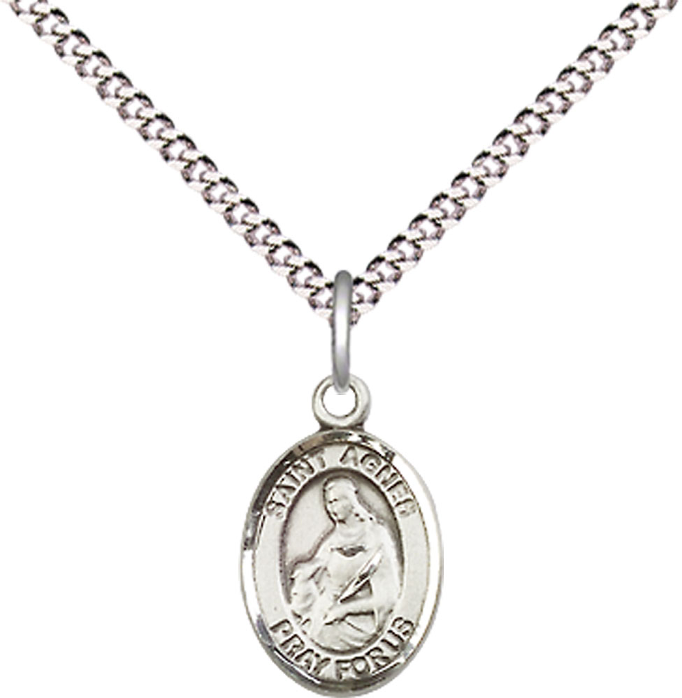 Sterling Silver Saint Agnes of Rome Pendant on a 18 inch Light Rhodium Light Curb chain