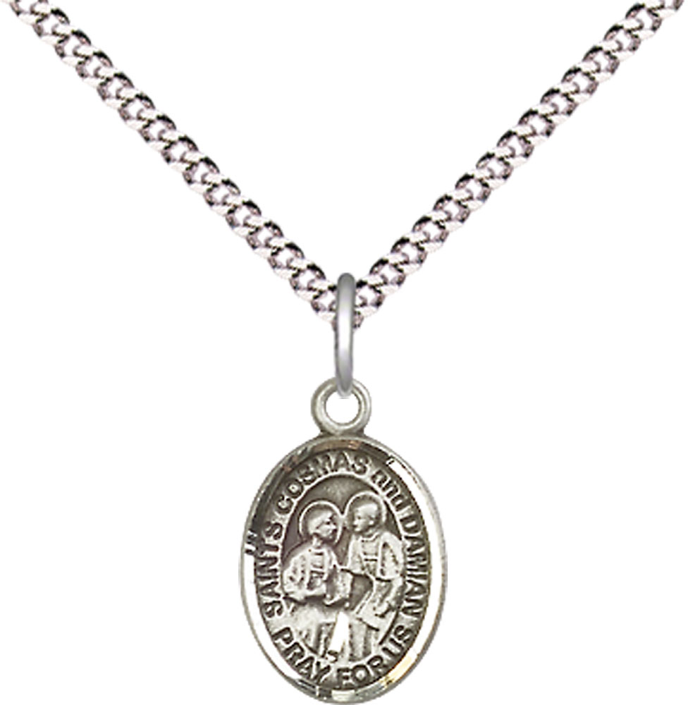 Sterling Silver Saints Cosmas &amp; Damian Pendant on a 18 inch Light Rhodium Light Curb chain