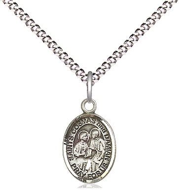 Sterling Silver Saints Cosmas &amp; Damian Pendant on a 18 inch Light Rhodium Light Curb chain