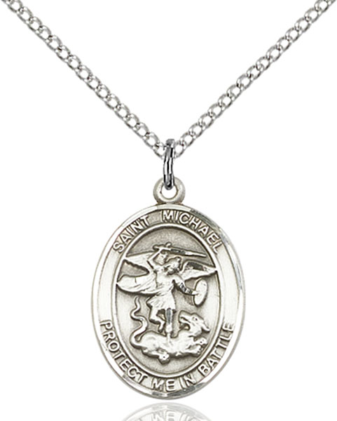 Sterling Silver Saint Michael National Guard Pendant on a 18 inch Sterling Silver Light Curb chain