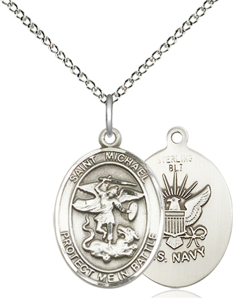 Sterling Silver Saint Michael Navy Pendant on a 18 inch Sterling Silver Light Curb chain