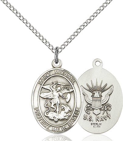 Sterling Silver Saint Michael Navy Pendant on a 18 inch Sterling Silver Light Curb chain