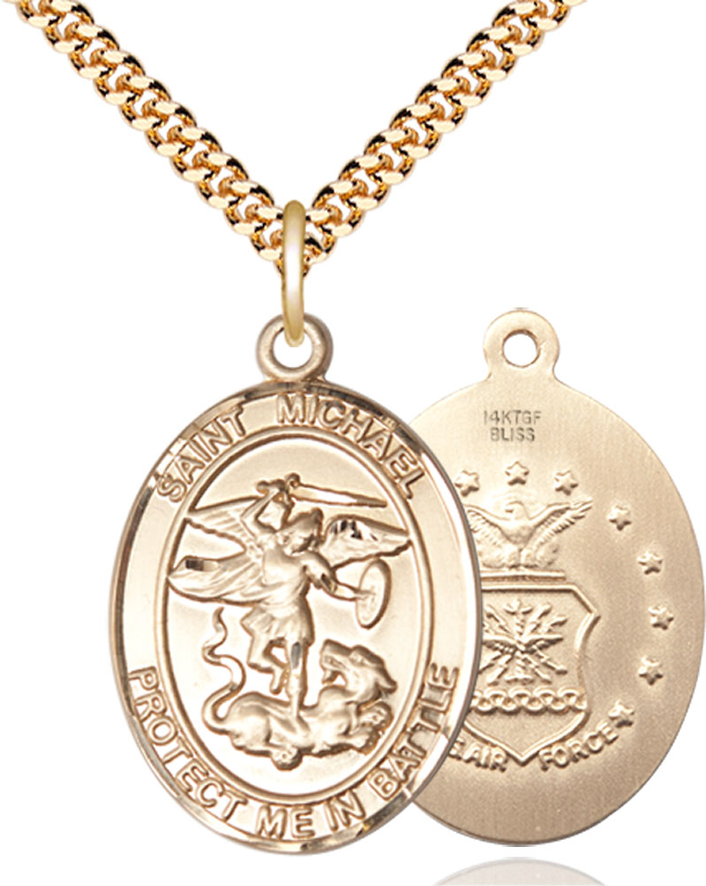 14kt Gold Filled Saint Michael Air Force Pendant on a 24 inch Gold Plate Heavy Curb chain