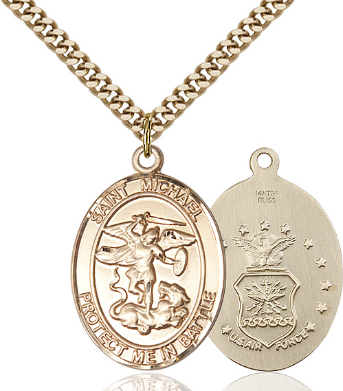 14kt Gold Filled Saint Michael Air Force Pendant on a 24 inch Gold Plate Heavy Curb chain