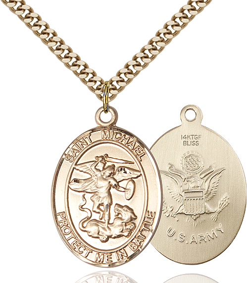 14kt Gold Filled Saint Michael Army Pendant on a 24 inch Gold Plate Heavy Curb chain