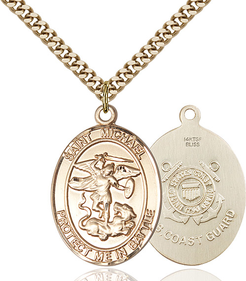 14kt Gold Filled Saint Michael Coast Guard Pendant on a 24 inch Gold Plate Heavy Curb chain