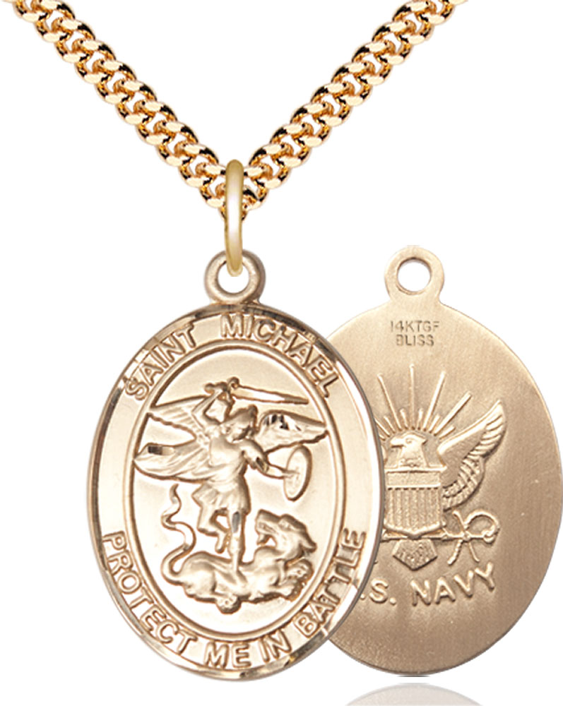 14kt Gold Filled Saint Michael Navy Pendant on a 24 inch Gold Plate Heavy Curb chain