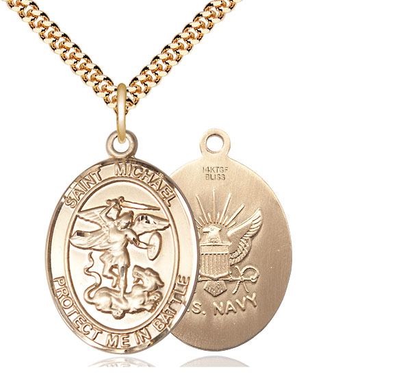 14kt Gold Filled Saint Michael Navy Pendant on a 24 inch Gold Plate Heavy Curb chain