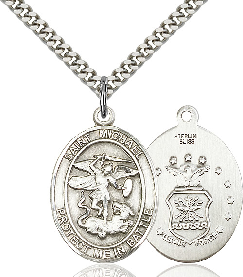 Sterling Silver Saint Michael Air Force Pendant on a 24 inch Light Rhodium Heavy Curb chain