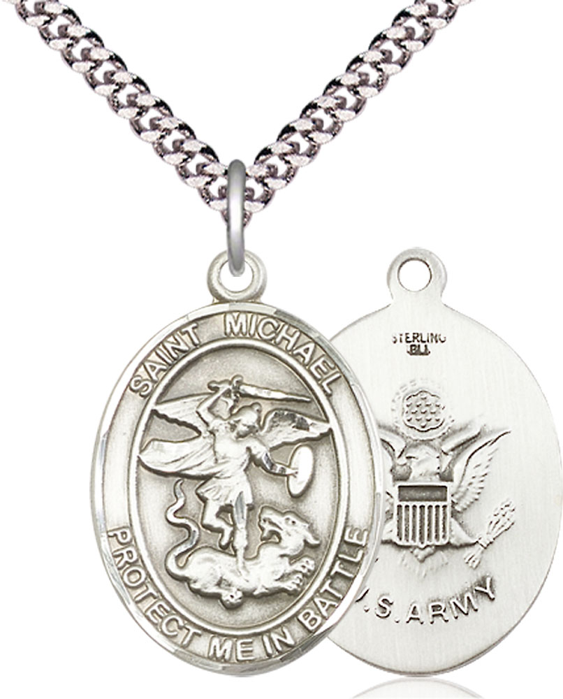 Sterling Silver Saint Michael Army Pendant on a 24 inch Light Rhodium Heavy Curb chain