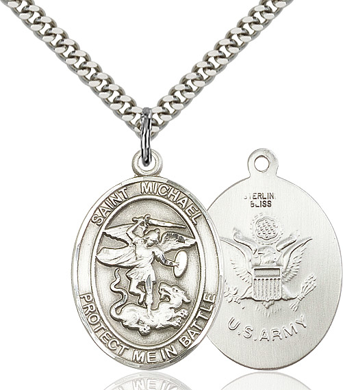 Sterling Silver Saint Michael Army Pendant on a 24 inch Light Rhodium Heavy Curb chain