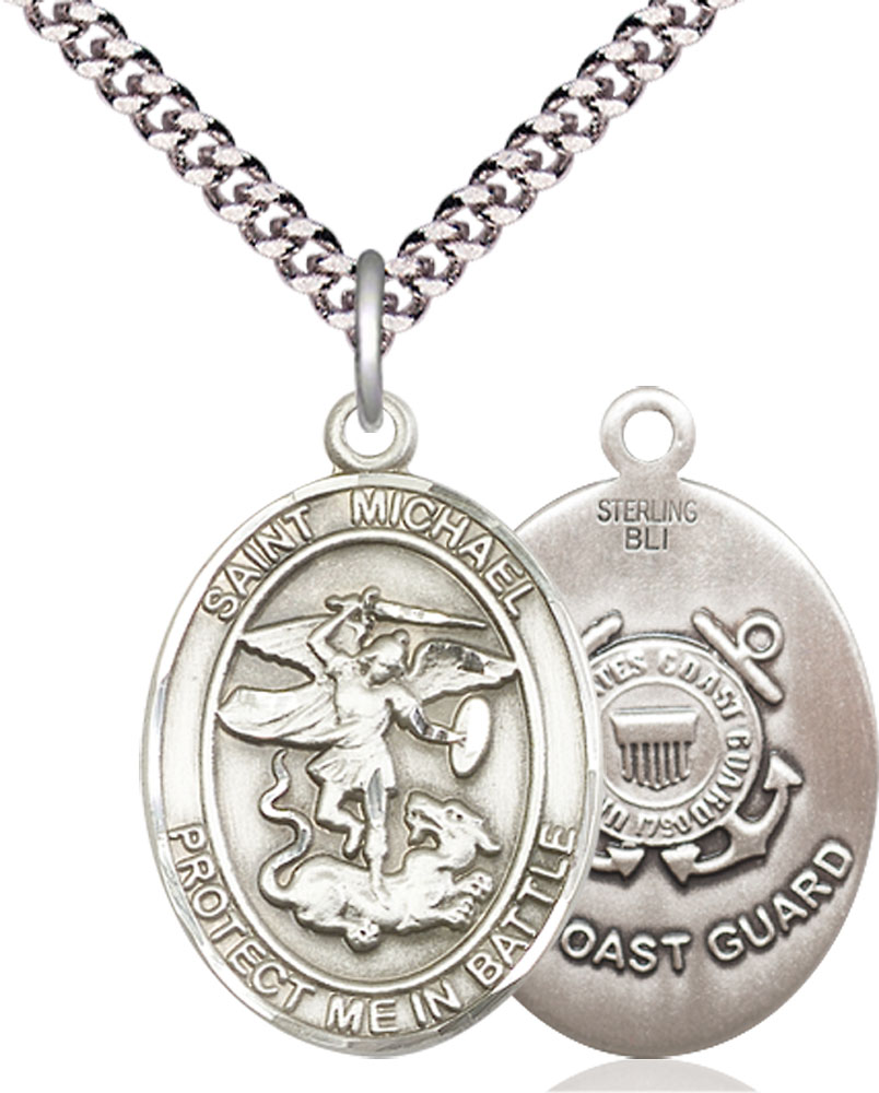 Sterling Silver Saint Michael Coast Guard Pendant on a 24 inch Light Rhodium Heavy Curb chain