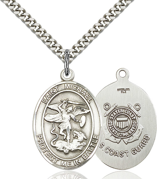 Sterling Silver Saint Michael Coast Guard Pendant on a 24 inch Light Rhodium Heavy Curb chain