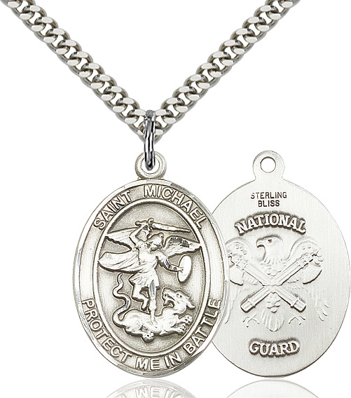 Sterling Silver Saint Michael National Guard Pendant on a 24 inch Light Rhodium Heavy Curb chain