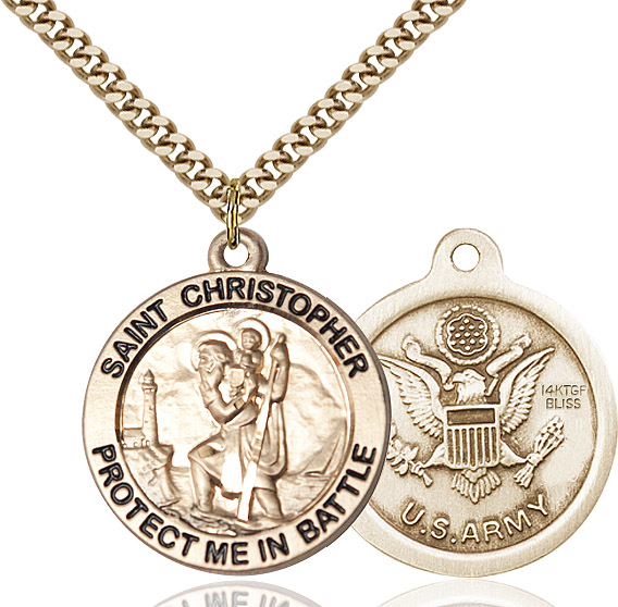 14kt Gold Filled Saint Christopher Army Pendant on a 24 inch Gold Plate Heavy Curb chain