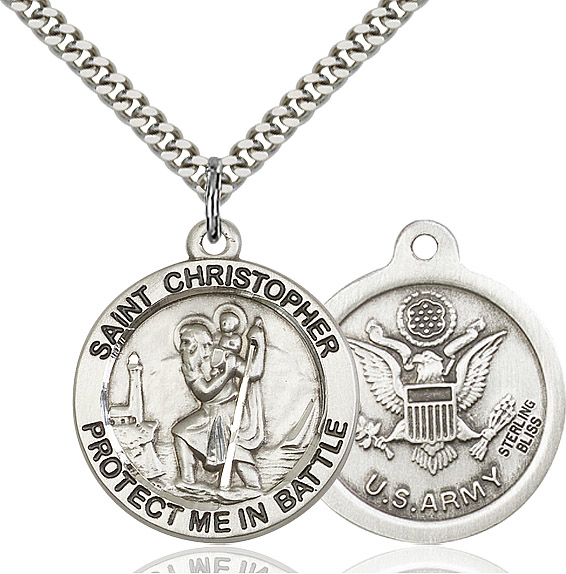 Sterling Silver Saint Christopher Army Pendant on a 24 inch Light Rhodium Heavy Curb chain