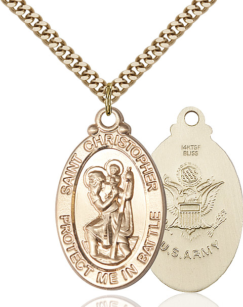 14kt Gold Filled Saint Christopher Army Pendant on a 24 inch Gold Plate Heavy Curb chain