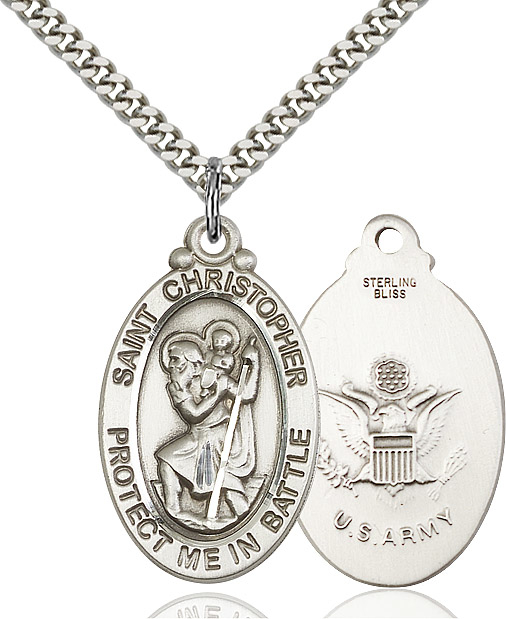 Sterling Silver Saint Christopher Army Pendant on a 24 inch Light Rhodium Heavy Curb chain