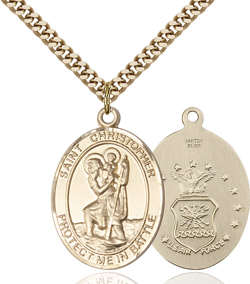 14kt Gold Filled Saint Christopher Air Force Pendant on a 24 inch Gold Plate Heavy Curb chain