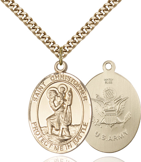 14kt Gold Filled Saint Christopher Army Pendant on a 24 inch Gold Plate Heavy Curb chain