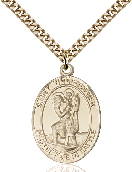 14kt Gold Filled Saint Christopher Navy Pendant on a 24 inch Gold Plate Heavy Curb chain