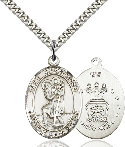 Sterling Silver Saint Christopher Air Force Pendant on a 24 inch Light Rhodium Heavy Curb chain