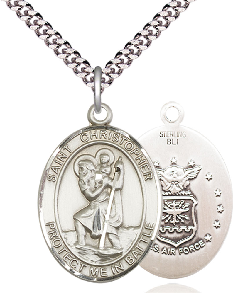 Sterling Silver Saint Christopher Air Force Pendant on a 24 inch Light Rhodium Heavy Curb chain