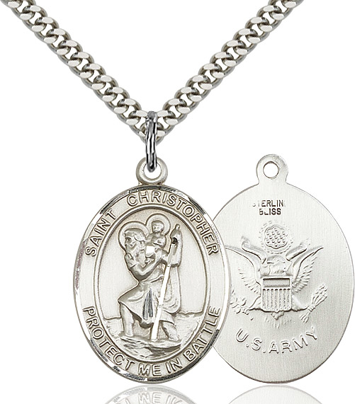 Sterling Silver Saint Christopher Army Pendant on a 24 inch Light Rhodium Heavy Curb chain