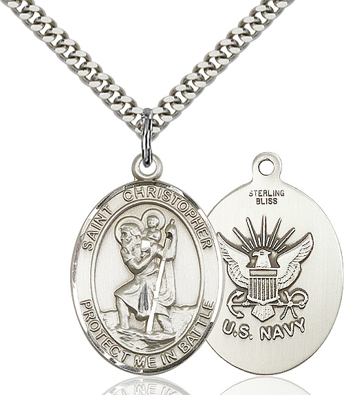 Sterling Silver Saint Christopher Navy Pendant on a 24 inch Light Rhodium Heavy Curb chain