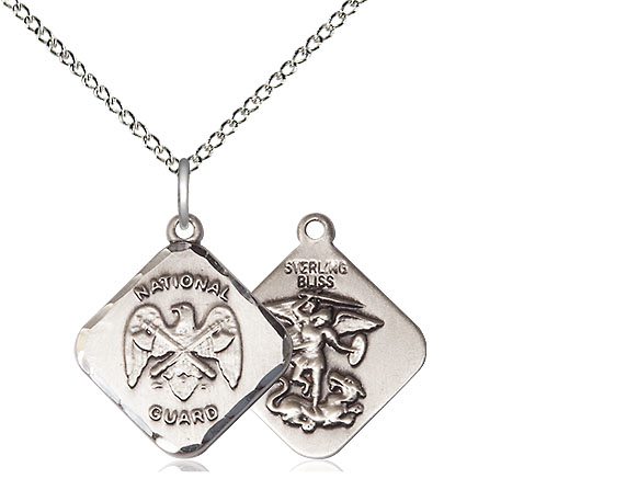 Sterling Silver National Guard Diamond Pendant on a 18 inch Sterling Silver Light Curb chain