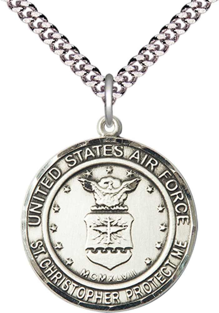Sterling Silver Air Force St Christopher Pendant on a 24 inch Light Rhodium Heavy Curb chain